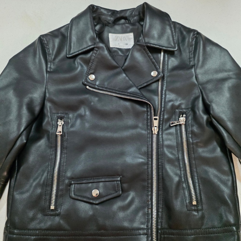 Zara Kids Black Faux Leather Moto Biker Jacket Size 9 134 Asymmetric Zip